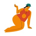 A black-haired plump woman in red swimsuit sunbathing on a beach. Vector illustration in flat cartoon style Royalty Free Stock Photo