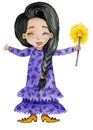 Black-haired witch in a purple dress with mushrooms and orange boots. Girl smiling.  With a magic wand in hand. Halloween witch co Royalty Free Stock Photo