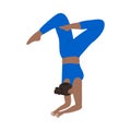 Black-haired woman in blue sportswear doing headstand yoga exercise together. Vector illustration in cartoon style.