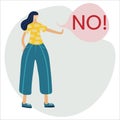 A black-haired woman speach ballon with the words no. Stop domestic violence and crime against females. No means no concept, stop Royalty Free Stock Photo