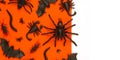 Black Halloween creepy crawly bugs and spiders on orange background with blank white space for text or image