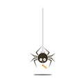 Black spider. Halloween funny childish spider hanging from the top with cute smiley face and text Boo. Vector