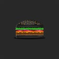 Black hamburger food vector illustration, one burger with classic ingredients isolated on the dark background Royalty Free Stock Photo