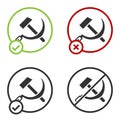 Black Hammer and sickle USSR icon isolated on white background. Symbol Soviet Union. Circle button. Vector Royalty Free Stock Photo