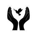 Black hand with dove of peace holding an olive branch. International Day of peace. Vetor illustration cartoon flat style Royalty Free Stock Photo