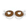 Black Hand drawing outline vector illustration of pair of cups brown cappuccino with heart and spoons isolated on a white