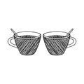 Black Hand drawing outline vector scribble illustration of a pair of cups of hot tea or coffee with teaspoons isolated