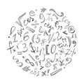 Black Hand Drawn Doodle Symbols and Numbers. Scribble Signs Arranged in a Circle Royalty Free Stock Photo