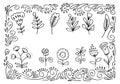 Black Hand Drawn Flower Frame Border with Chrysanthemum, Bellflower, Hibiscus Flower, Branches, Plants. Decorative Outlined Vector Royalty Free Stock Photo