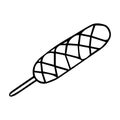 Black hand-drawn outline vector illustration of a lula kebab on a wooden stick isolated on a white background for holiday or