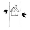 Black hand drawn outline vector illustration of A pair of birds and a birdhouse from new boards on a tree isolated on a