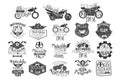 Hand drawn set of motorbike logos or stamps for biker club, repair service or motorcycle parts store. Original lettering