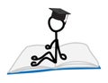 Doodle stickfigure with black graduate cap sitting on open books