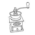 Black hand drawn vector illustration of metal and wooden coffee grinder isolated on a white background Royalty Free Stock Photo