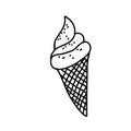 Black hand-drawn vector illustration of One fresh cold ice cream in a waffle cone with caramel sprinkles isolated on a