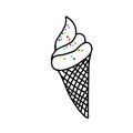 Black hand-drawn vector illustration of One fresh cold ice cream in a waffle cone with colored caramel sprinkles