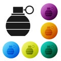 Black Hand grenade icon isolated on white background. Bomb explosion. Set icons in color circle buttons. Vector Royalty Free Stock Photo