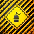 Black Hand grenade icon isolated on yellow background. Bomb explosion. Warning sign. Vector Royalty Free Stock Photo