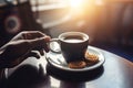 Black hand holding espresso cup. Generate ai