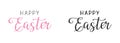 Black Hand lettering phrase Happy Easter and pink inscription with glitter texture, isolated on a white