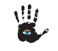 Black hand print with blue all seeing eye inside. Royalty Free Stock Photo
