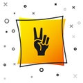 Black Hand showing two finger icon isolated on white background. Hand gesture V sign for victory or peace. Yellow square