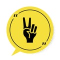 Black Hand showing two finger icon isolated on white background. Hand gesture V sign for victory or peace. Yellow speech