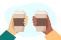 Black hand and white hand hold cups of hot drink. Disposable coffee paper cup