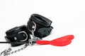 Black handcuff and flogging whip