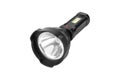 Black handheld flashlight on a white background.