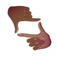 Black Hands Frame Cropping Gesture. Flat Framing hands horizontal cropping. African American Hands taking focus frame shooting Royalty Free Stock Photo