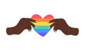 Black Hands holding rainbow heart heart. Gay flag. Gay family. lgbt community sign