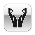 Black Hands in praying position icon on white background. Prayer to god with faith and hope. Silver square button. Vector