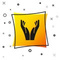 Black Hands in praying position icon on white background. Prayer to god with faith and hope. Yellow square button. Vector