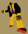 Black handsome dancing man in bright clothes. Vector illustration on beige background.