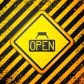 Black Hanging sign with text Open door icon isolated on yellow background. Warning sign. Vector