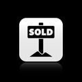 Black Hanging sign with text Sold icon isolated on black background. Sold sticker. Sold signboard. Silver square button Royalty Free Stock Photo