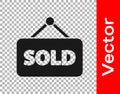 Black Hanging sign with text Sold icon isolated on transparent background. Sold sticker. Sold signboard. Vector