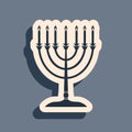 Black Hanukkah menorah icon isolated on grey background. Religion icon. Hanukkah traditional symbol. Holiday religion Royalty Free Stock Photo