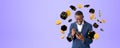 Black happy man with phone and arms raised, falling dice and coins, copy space Royalty Free Stock Photo