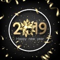 Black 2019 happy New Year card with gold bow and serpentine.