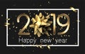 Black 2019 happy New Year card with golden bow and serpentine.