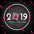 Black 2019 happy New Year card with pink top view gift.