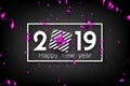 Black 2019 happy New Year card with purple top view gift.
