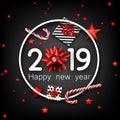 Black 2019 happy New Year card with red bow, gift and candy.
