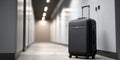 Black hard- suitcase with extended handle standing in a modern hallway with white cabinets and overhead lighting Royalty Free Stock Photo