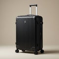 Black hardshell suitcase with vertical ridges, featuring four wheels for mobility. The case Royalty Free Stock Photo
