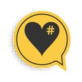 Black The hash love icon. Hashtag heart symbol icon isolated on white background. Yellow speech bubble symbol. Vector Royalty Free Stock Photo