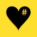 Black The hash love icon. Hashtag heart symbol icon isolated on yellow background. Long shadow style. Vector Royalty Free Stock Photo