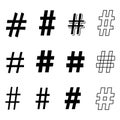 Black hashtag symbols. Outline shape doodle. Simple modern typography. Vector isolated icon set. Royalty Free Stock Photo